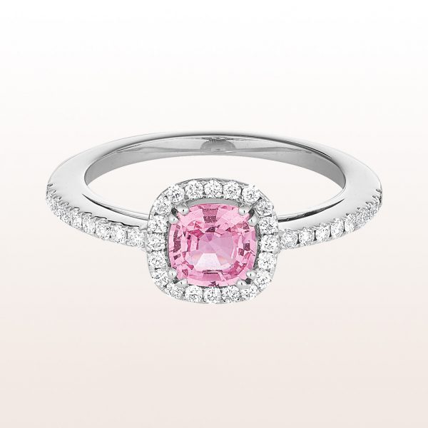Ring with pink sapphire 0,86ct and brilliant cut diamonds 0,28ct in 18kt white gold