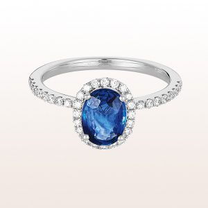Ring with sapphire 1,46ct and brilliant cut diamonds 0,37ct in 18kt white gold