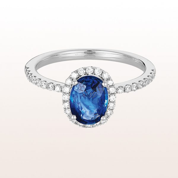 Ring with sapphire 1,46ct and brilliant cut diamonds 0,37ct in 18kt white gold