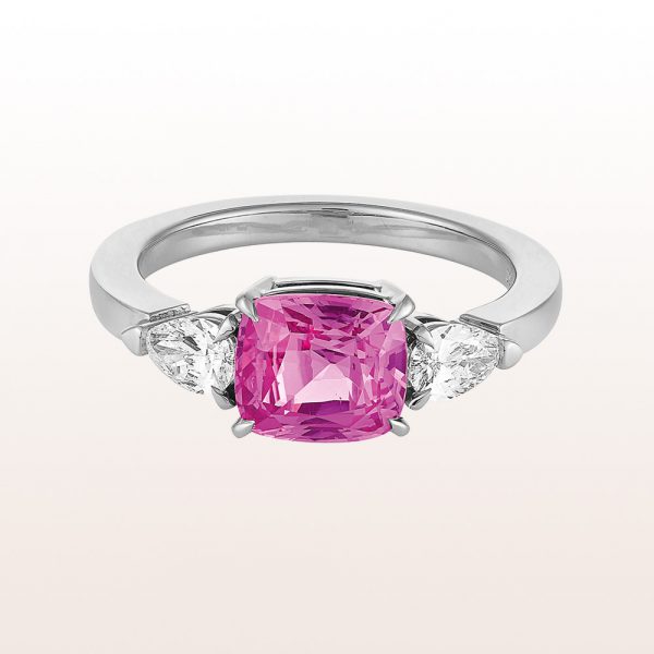 Ring with pink sapphire 2,4ct and diamond-drops 0,48ct in 18kt white gold