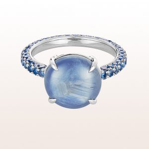 Ring with star-sapphire 9,23ct and sapphire 1,90ct in 18kt white gold