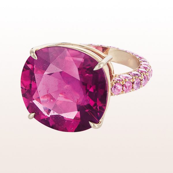 Ring with rubellite 14,04ct and rosa sapphires 1,50ct in 18kt white gold