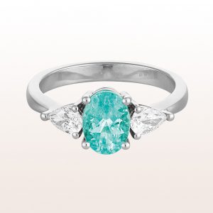 Ring with paraiba-tourmaline 1,24ct and diamond drops 0,48ct in 18kt white gold