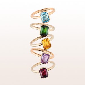 Collection-rings with topaz, tourmaline, citrine, amethyst and rhodolite in 18kt rose, white and yellow gold