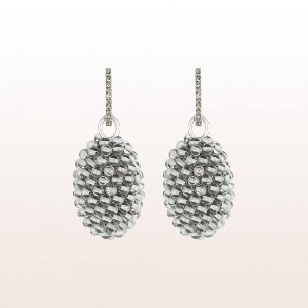 Earrings with rock crystal on mini hoop earrings with brown and white brilliants 0,32ct in 18kt white gold