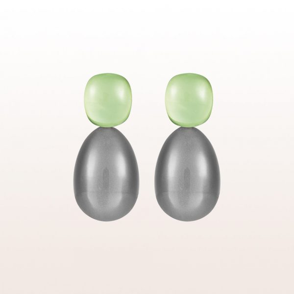 Earrings with prasiolites and grey moon stone in 18kt white gold