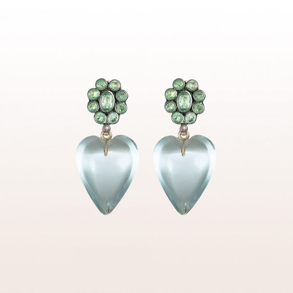 Earrings with emeralds and topazhearts in 18kt yellow gold