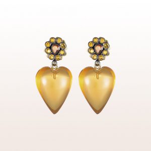 Earrings with yellow sapphire and citrine hearts in 18kt yellow gold