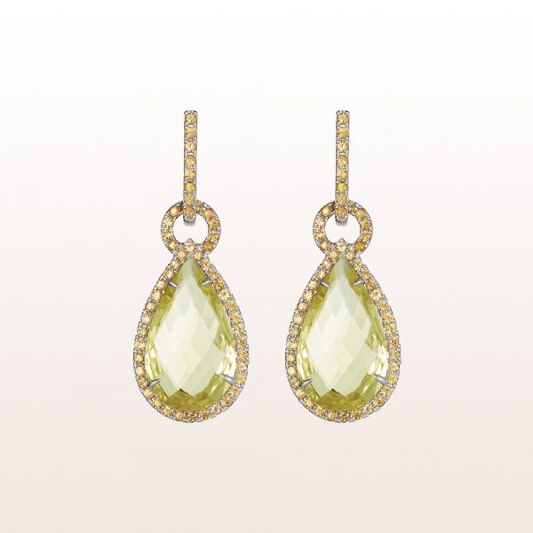 Earrings with green and yellow beryl drops 12,71ct and yellow sapphires 1,79ct in 18kt white gold