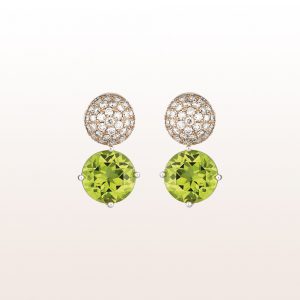 Earrings with brown brilliants 1,02ct and peridot 1,00ct in 18kt rose gold