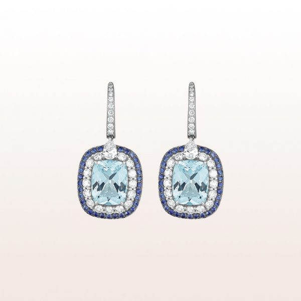 Earrings with aquamarine 4,47ct, sapphire 0,60ct and brilliants 1,45ct in 18kt white gold