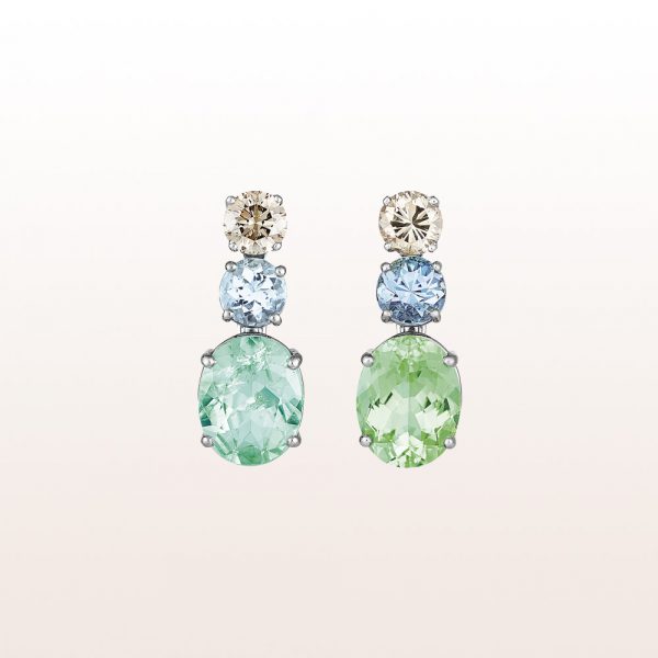 Earrings with brown brilliants 0,94ct, aquamarines 1,01ct and parabia tourmalines 4,78ct in 18kt white gold