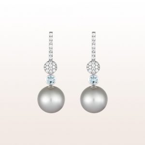 Earrings with brilliants 0,52ct, aquamarine 0,37ct and Tahiti-pearls in 18kt white gold
