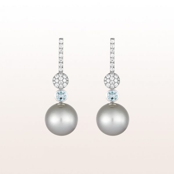 Earrings with brilliants 0,52ct, aquamarine 0,37ct and Tahiti-pearls in 18kt white gold