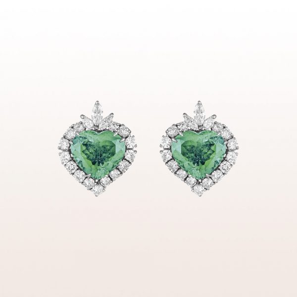 Earrings with emerald-hearts 11,19ct and diamonds 3,00ct in 18kt white gold