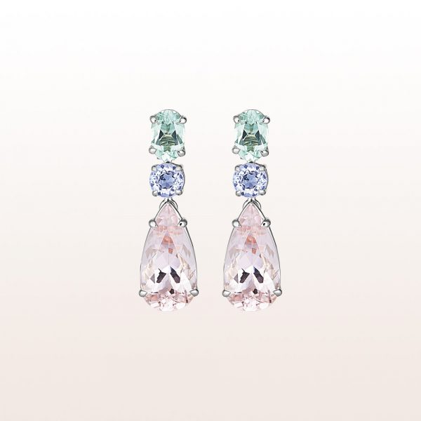 Earrings with green beryl 0,81ct, tansanite 0,56 and morganite drops 4,40ct in 18kt white gold