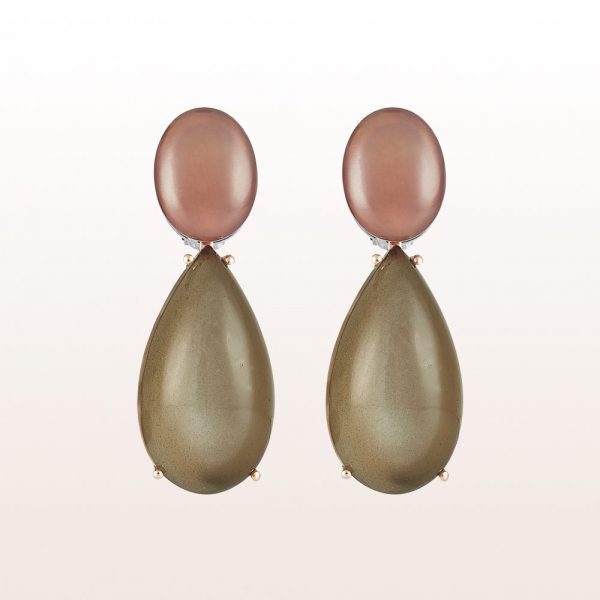 Earrings with carnelians and brown moonstone drops in 18kt white- and rose gold