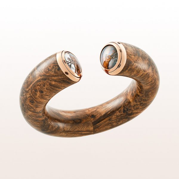 Bangle out of amboina wood, engraved crystal quartz and mother of pearl in 18kt rose gold