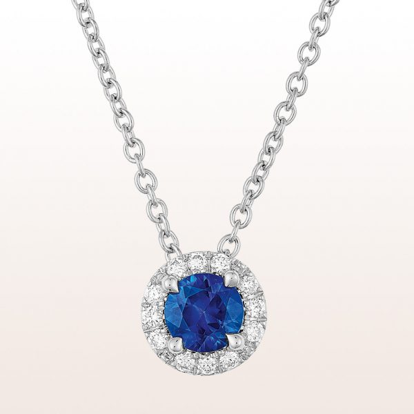 Necklace with sapphire 0,31ct and brilliant cut diamonds 0,06ct in 18kt white gold