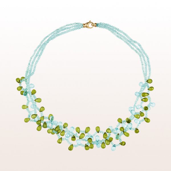 Necklace with aquamarine, peridot, topaz and an 18kt yellow gold carabiner