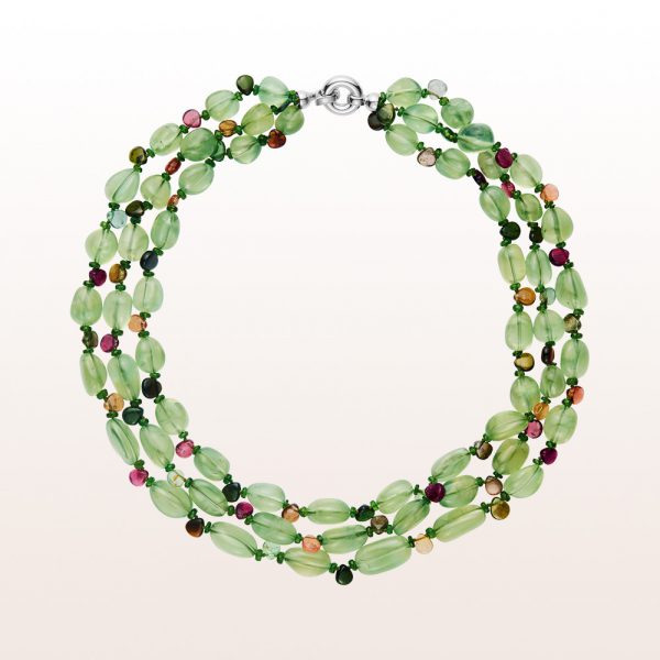 Necklace with prehnite, diopside, multi coloured tourmaline and an 18kt white gold clasp