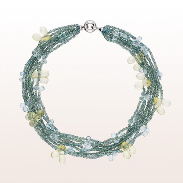 Necklace with green sapphire, lemon quartz, aquamarine and an 18kt white gold clasp