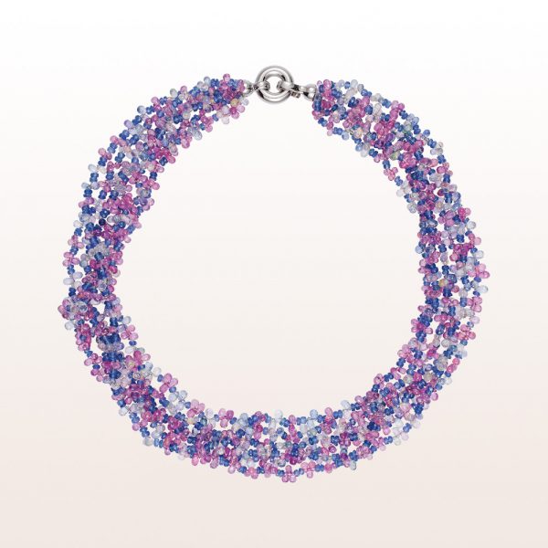 Necklace with blue and pink sapphire and an 18kt white gold clasp