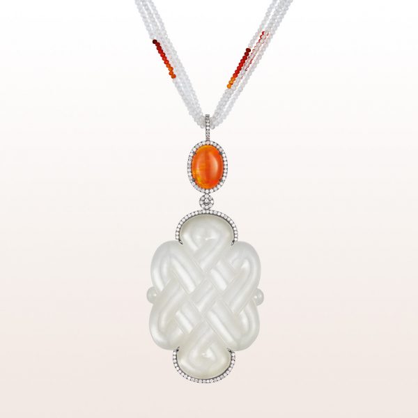 Pendant with white jade, fire opal 5,57ct and brilliant cut diamonds 1,18ct on a necklace with white topaz, fire opal and an 18kt white gold clasp
