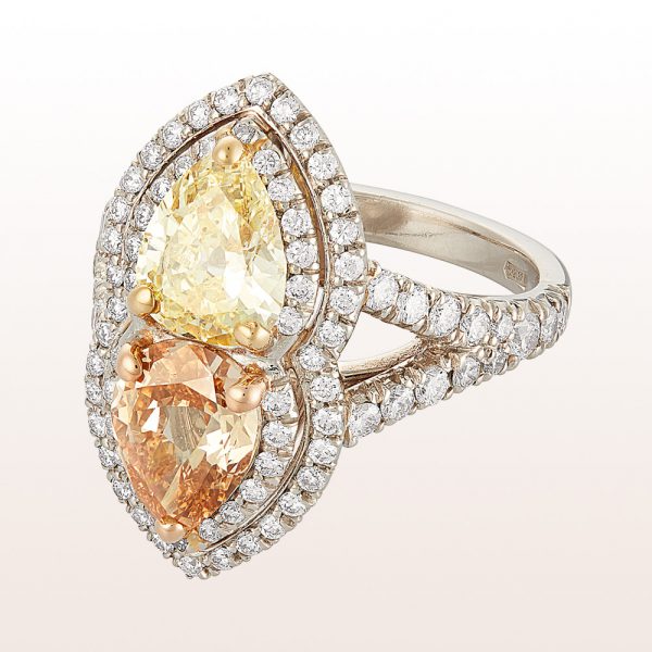 Ring with yellow and champagne diamond and brilliants, a total of 3,30ct in platinum