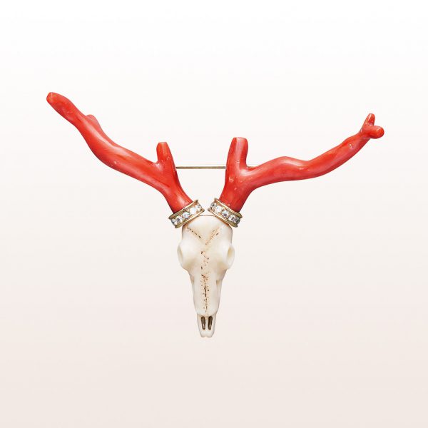 Brooch "Hirsch" (engl. deer) with coral, horn and brilliant cut diamonds 0,22ct in 18kt white gold