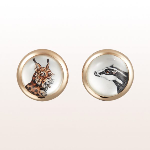 Hunting themed cufflinks (lynx, badger) of crystal quartz and mother of pearls in non-plated 18kt white gold