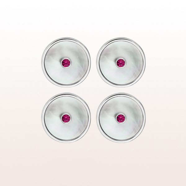 Tailcoat set consisting of a pair of cufflinks, 3 vest- and 3 shirtbuttons out of mother of pearl and rubies in 18kt white gold