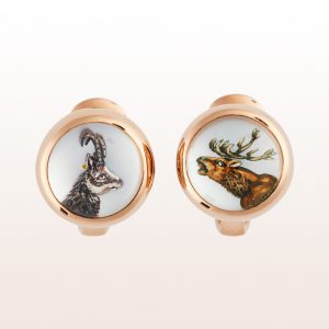 Hunting-themed cufflinks (chamois, deer) of crystal quartz and mother of pearls in 18kt yellow gold