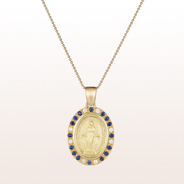 Pendant with Madonna with sapphire 0,53ct and brilliant cut diamonds 0,20ct in 14kt yellow gold