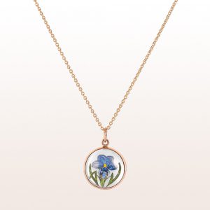 Pendant with gentian on crystal quartz and mother of pearl in 18kt rose gold