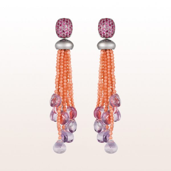 Earrings with rose sapphire 1,40ct, coral and amethyst in 18kt white gold