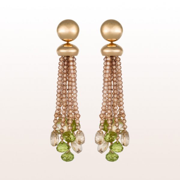 Earrings with brown zircon, smoky quartz and peridot in 18kt rose gold