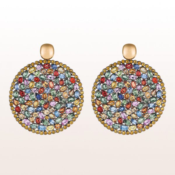 Earrings with multi coloured sapphire slices in 18kt rose gold