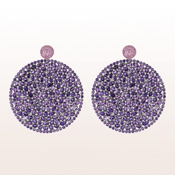 Earrings with pink sapphire 1023ct and amethyst slices in 18kt white gold