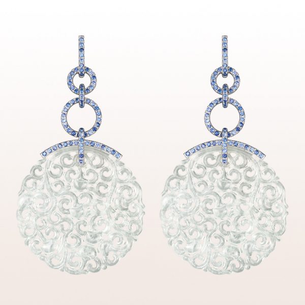 Earrings with white jade and sapphire 2,62ct in 18kt white gold