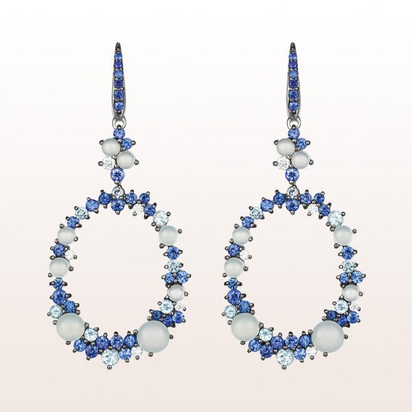 Earrings with chalecedony 2,91ct, sapphire 1,94ct, aquamarine 0,65ct and brilliants 0,21ct in 18 white gold