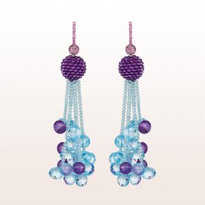 Earrigs with pink sapphire 0,59ct, amethyst, topaz, aquamarine in 18kt white gold