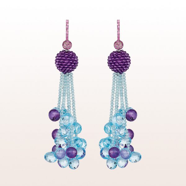 Earrigs with pink sapphire 0,59ct, amethyst, topaz, aquamarine in 18kt white gold