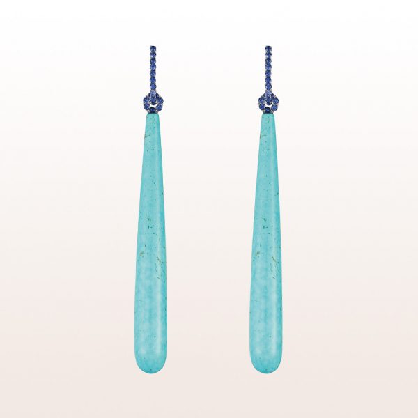 Earrings with sapphire 0,89ct and turquoise drops in 18kt white gold