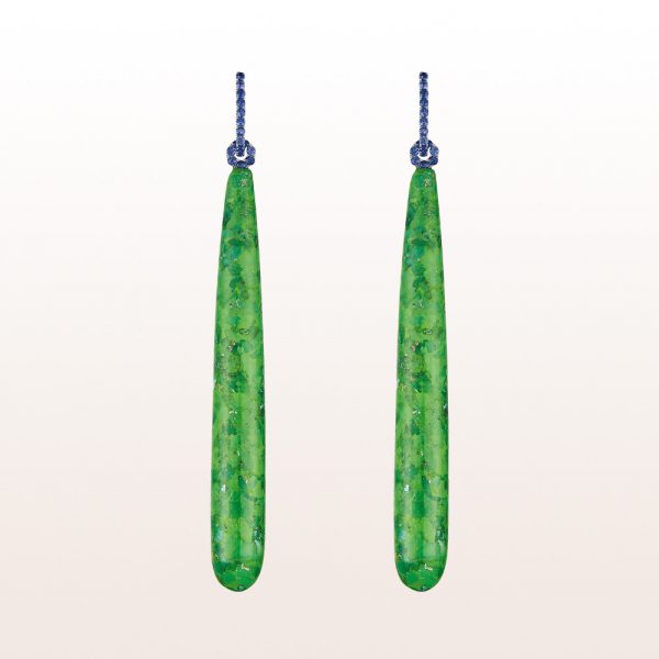 Earrings with sapphire 0,90ct and green turquoise drops in 18kt white gold