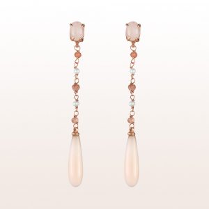 Earrings with rose quartz, coral, rhodochrosite and pearls in 18kt rose gold