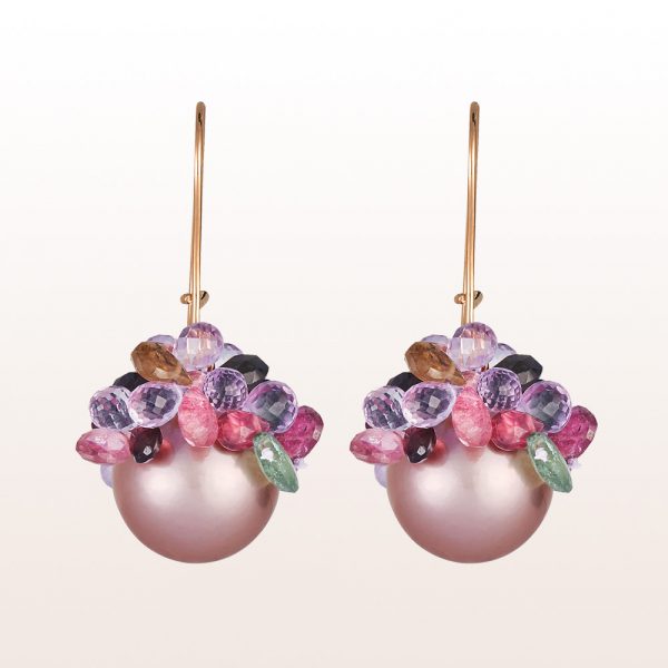 Earrings with pink sweet water pearls, amethyst and multi coloured turmalines on 18kt rose gold