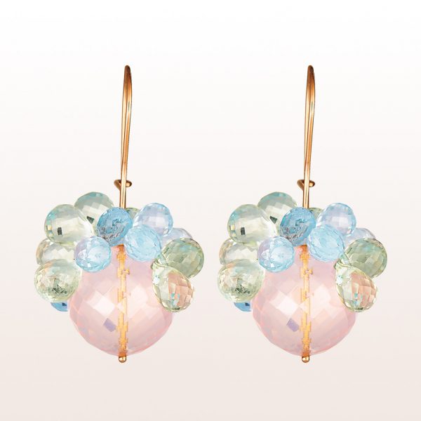 Earrings with rose quartz, topaz and prasiolite on 18kt yellow gold hooks