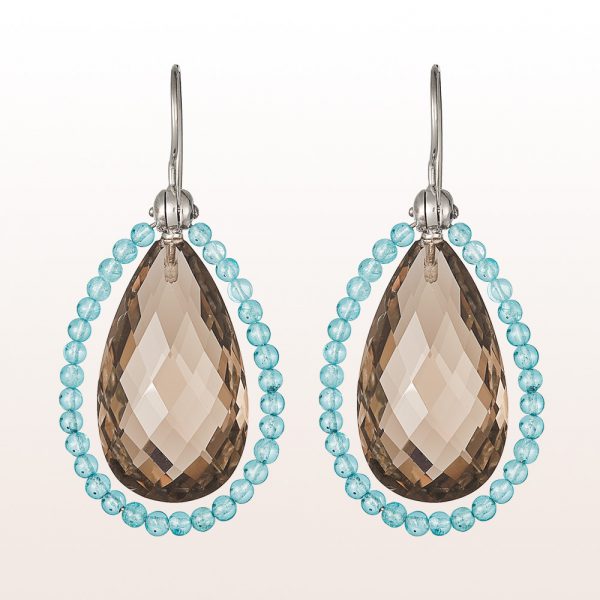 Earrings with smoky quartz and apatite on 18kt white gold hooks