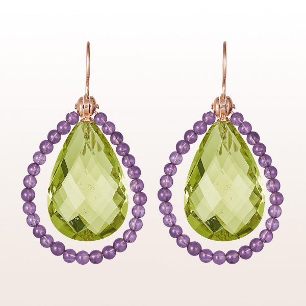 Earrings with green-yellow quartz drops and amethyst on18kt rose gold hooks